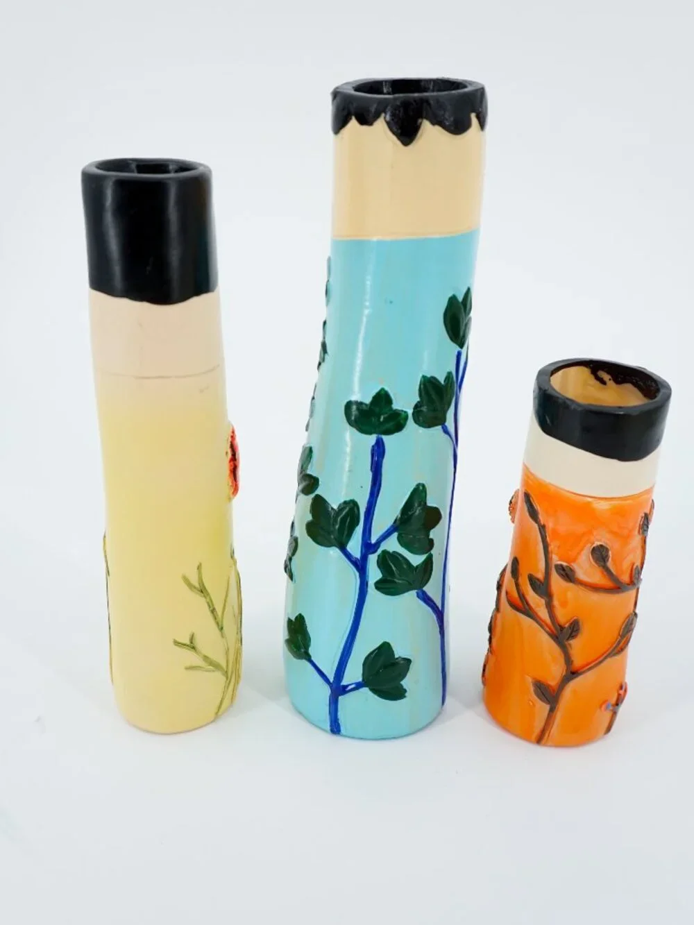 Set of 3 Hand Painted Ceramic Face Cylinder Vases, Women Floral Bird Decor